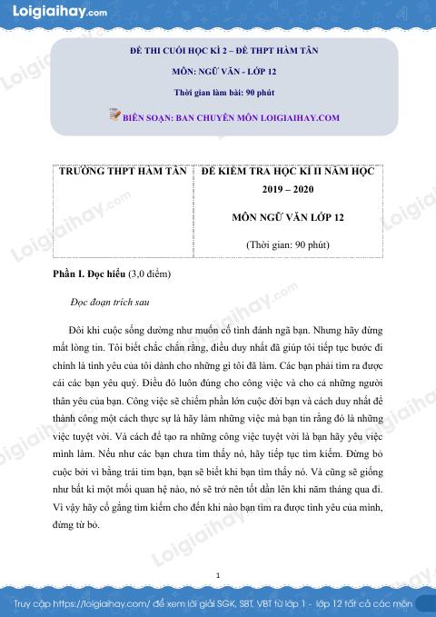 Giải đề thi kì 2 Ngữ văn lớp 12 năm 2019 - 2020 trường THPT Hàm Tân